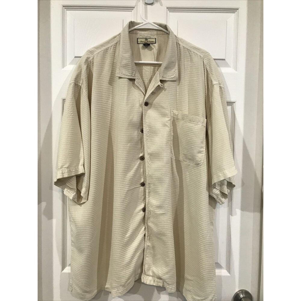 Tommy Bahama 2XL Cotton & Silk Shirt Short Sleeve Hawaiian Camp Shirt Tan